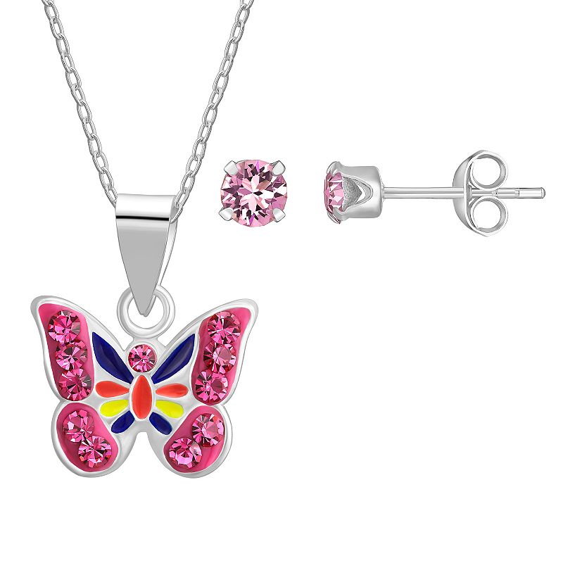 Charming Girl Kids Sterling Silver Crystal Butterfly Pendant Necklace & E