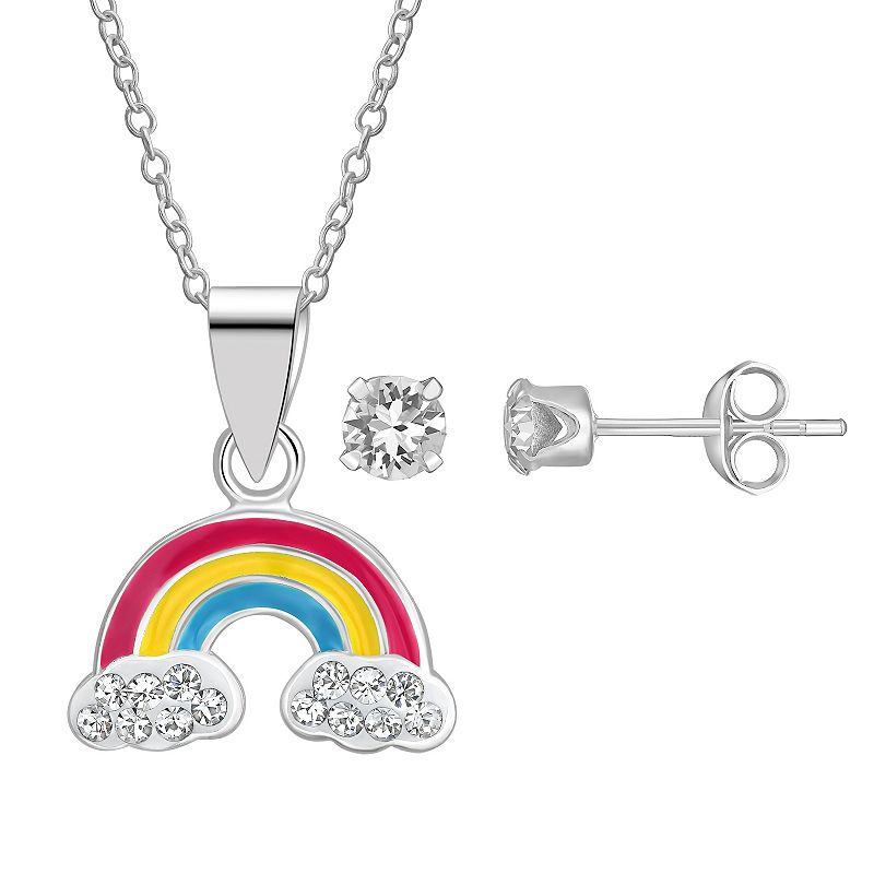 Charming Girl Kids Sterling Silver Crystal Rainbow Pendant Necklace & Ear