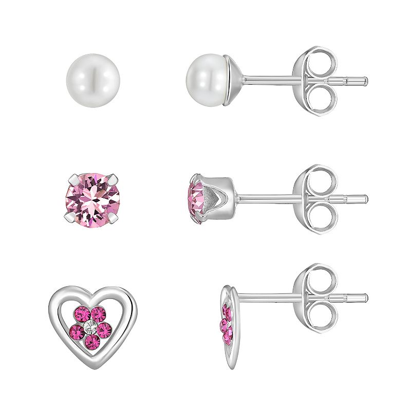 Charming Girl Kids Sterling Silver Crystal Heart & Simulated Pearl Earring