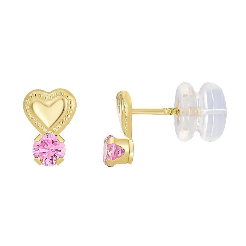 Charming Girl Kids 14k Gold Heart & Pink Cubic Zirconia Earrings, Girls
