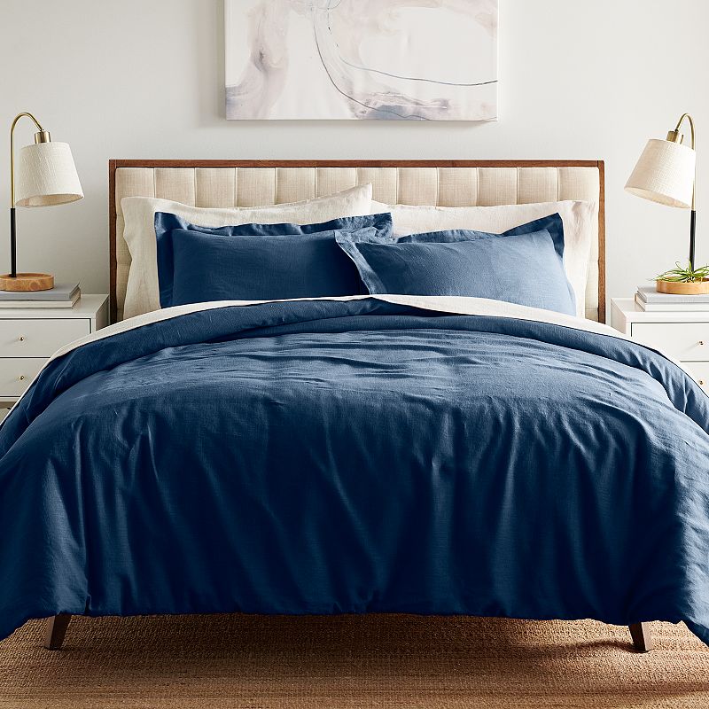 Sonoma Goods For Life Cotton Linen Duvet Cover Set with Shams, Blue, Full/Q