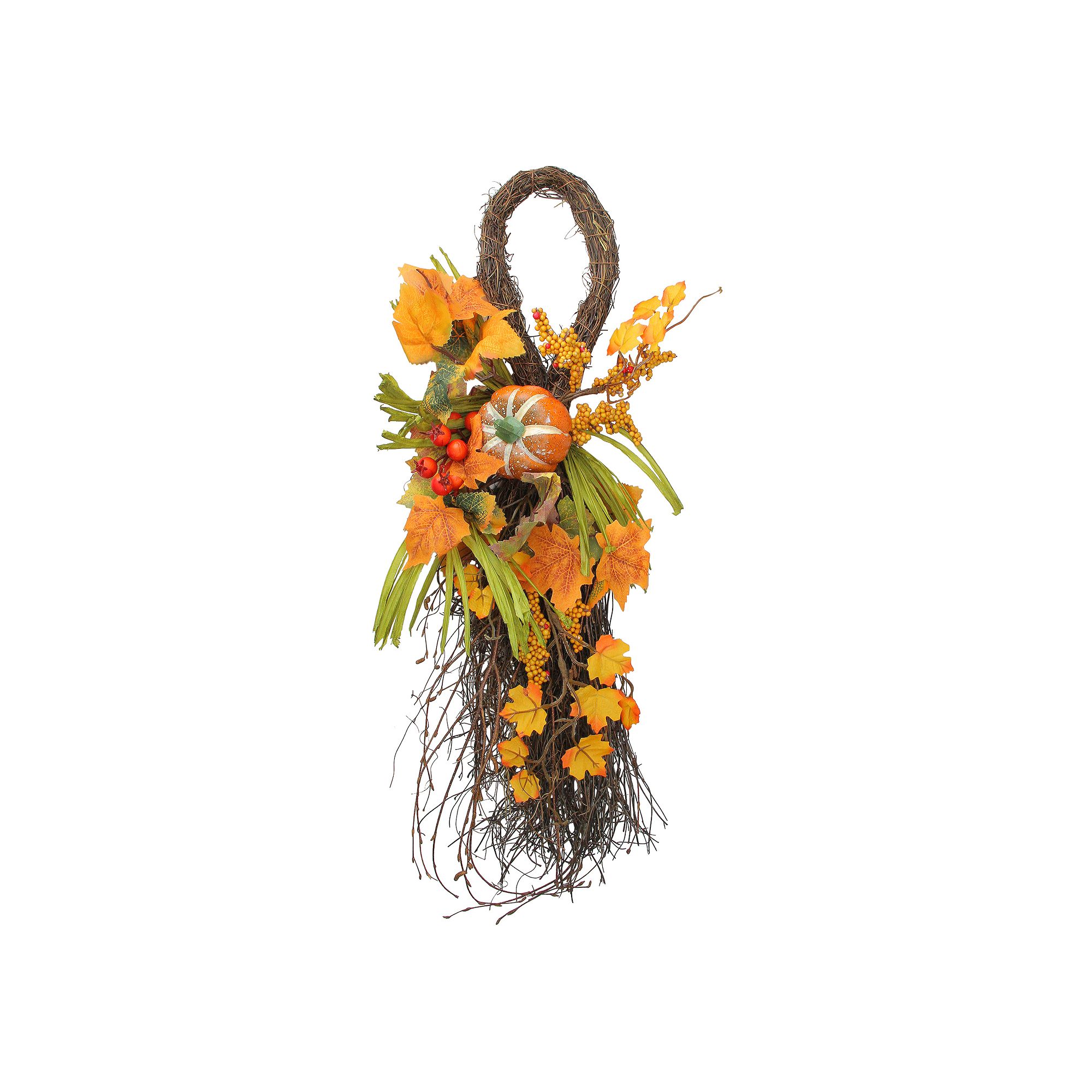 Northlight Autumn Artificial Berries Pumpkin Teardrop Swag Wall Decor, Brow