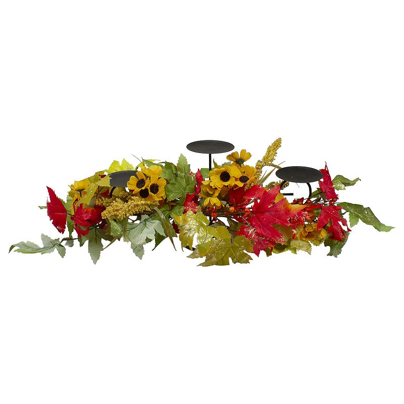 Northlight Artificial Sunflower Red Leaves 3-Candle Holder Table Decor, Yel