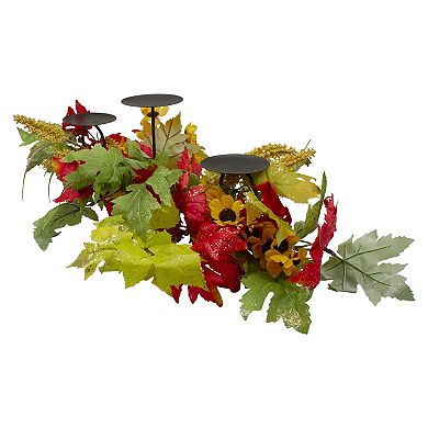 Northlight Artificial Sunflower Red Leaves 3-Candle Holder Table Decor