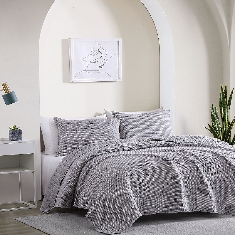 Avondale Manor Lexie Stonewashed Waffle Quilt Set with Shams, Grey, Queen
