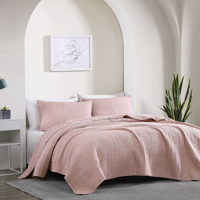 Avondale Manor Lexie Stonewashed Waffle Quilt Set with Shams, Pink, Queen