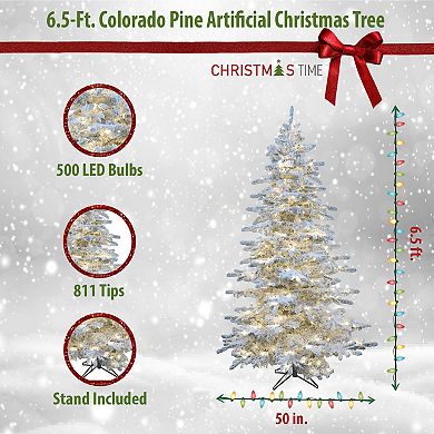 Christmas Time 7.5-ft. Pre-Lit Silverado Pine Flocked Slim Artificial Christmas Tree