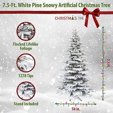Christmas Time 7.5-ft. White Pine Snowy Artificial Christmas Tree