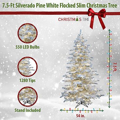 Christmas Time 7.5-ft. LED Silverado Pine Flocked Slim Artificial Christmas Tree