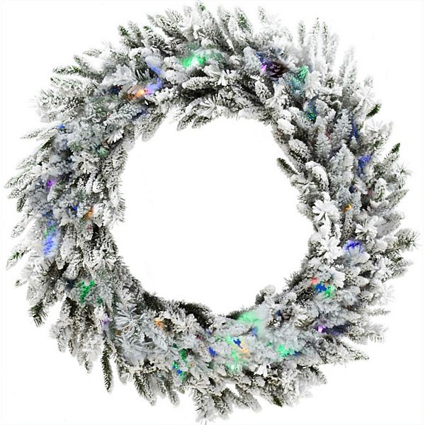 Christmas Time 36" Silverado Pine White Flocked Wreath with Attached Pinecones and Multi-Color LED Lights