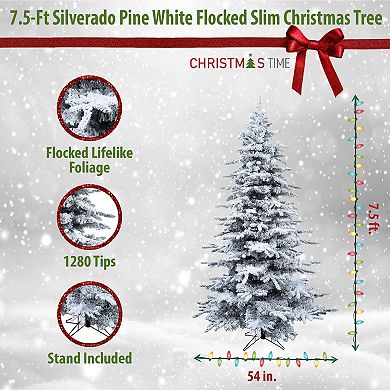 Christmas Time 7.5-ft. Silverado Pine Flocked Slim Artificial Christmas Tree