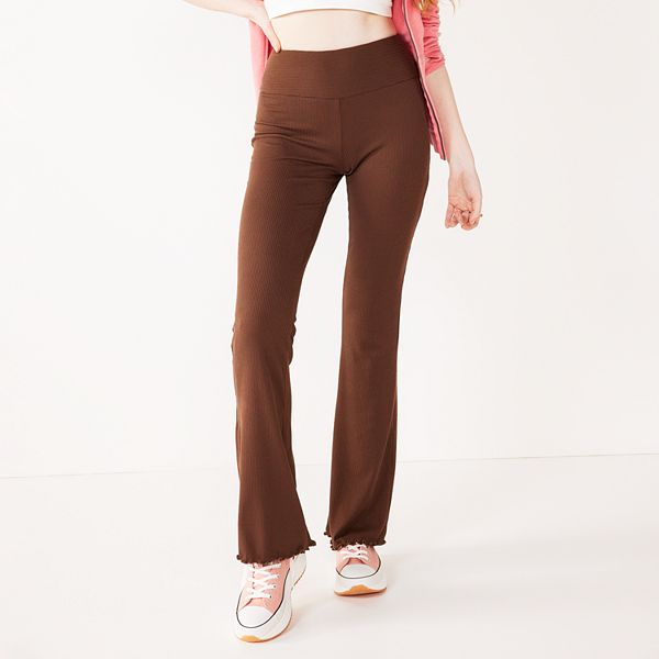 Cream Soft Rib Lettuce Hem Flare Leggings