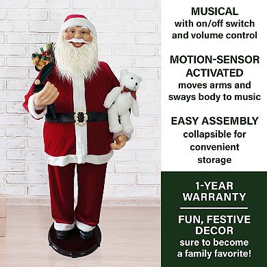 National Tree Company Dancing Santa Teddy Bear Life-Size Christmas Floor Decor