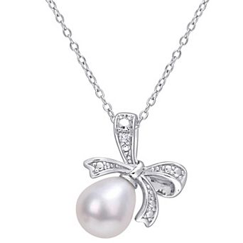 Stella Grace Sterling Silver Freshwater Cultured Pearl & Diamond Accent Bow Necklace