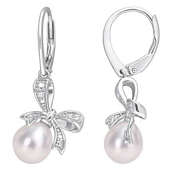 Stella Grace Sterling Silver Freshwater Cultured Pearl & Diamond Accent Bow Earrings
