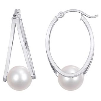 Stella Grace Sterling Silver Freshwater Cultured Pearl Split Oval Hoop Earrings