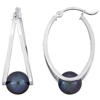 Stella Grace Sterling Silver Dyed Black Freshwater Cultured Pearl Split Oval Hoop Earrings