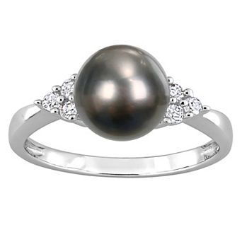 Stella Grace Sterling Silver Tahitian Cultured Pearl & 1/8 Carat T.W. Diamond Ring