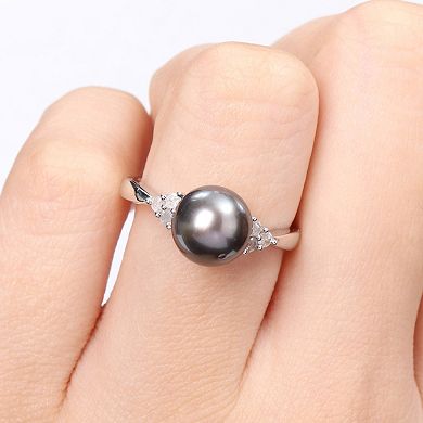 Stella Grace Sterling Silver Tahitian Cultured Pearl & 1/8 Carat T.W. Diamond Ring