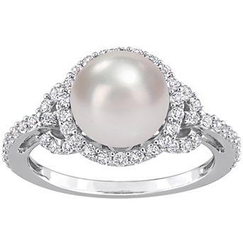 Stella Grace Sterling Silver Freshwater Cultured Pearl & White Topaz Halo Ring