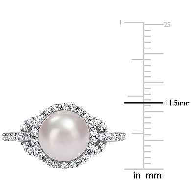 Stella Grace Sterling Silver Freshwater Cultured Pearl & White Topaz Halo Ring