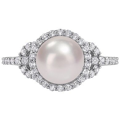 Stella Grace Sterling Silver Freshwater Cultured Pearl & White Topaz Halo Ring