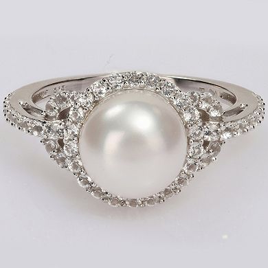 Stella Grace Sterling Silver Freshwater Cultured Pearl & White Topaz Halo Ring