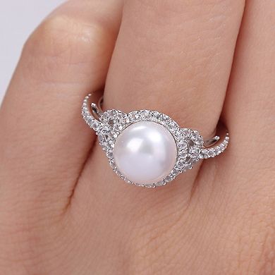 Stella Grace Sterling Silver Freshwater Cultured Pearl & White Topaz Halo Ring
