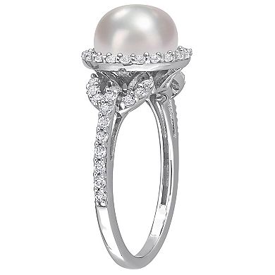 Stella Grace Sterling Silver Freshwater Cultured Pearl & White Topaz Halo Ring