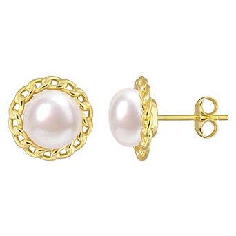 Stella Grace 18k Gold Over Silver Freshwater Cultured Pearl Halo Link Stud Earrings
