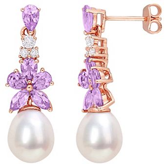 Stella Grace 18k Rose Gold Over Silver Freshwater Cultured Pearl & Gemstone Drop Earrings