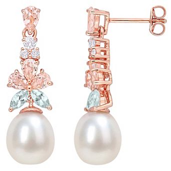 Stella Grace 18k Rose Gold Over Silver Freshwater Cultured Pearl & Gemstone Drop Earrings