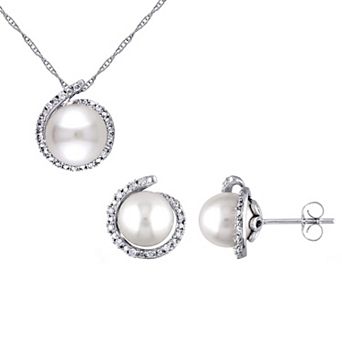 Stella Grace 10k White Gold Freshwater Cultured Pearl & 1/7 Carat T.W. Diamond Halo Pendant & Earring Set