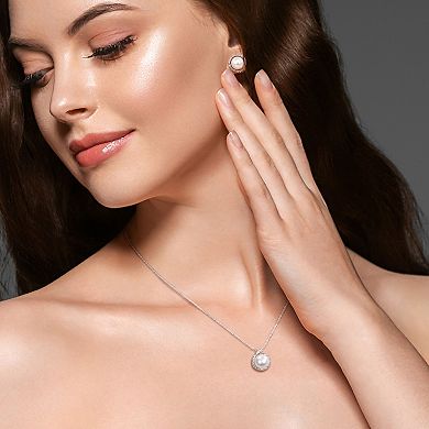 Stella Grace 10k White Gold Freshwater Cultured Pearl & 1/7 Carat T.W. Diamond Halo Pendant & Earring Set