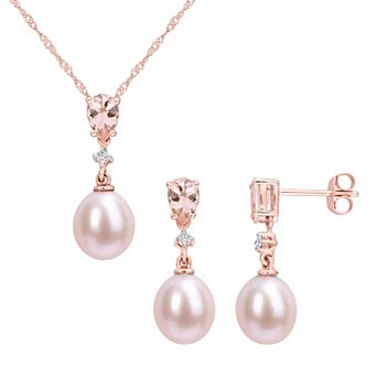 Stella Grace 10k Rose Gold Dyed Pink Freshwater Cultured Pearl, Morganite & Diamond Accent Drop Pendant & Earring Set