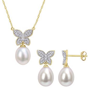 Stella Grace 10k Gold Freshwater Cultured Pearl & 1/4 Carat T.W. Diamond Drop Butterfly Necklace & Earring Set