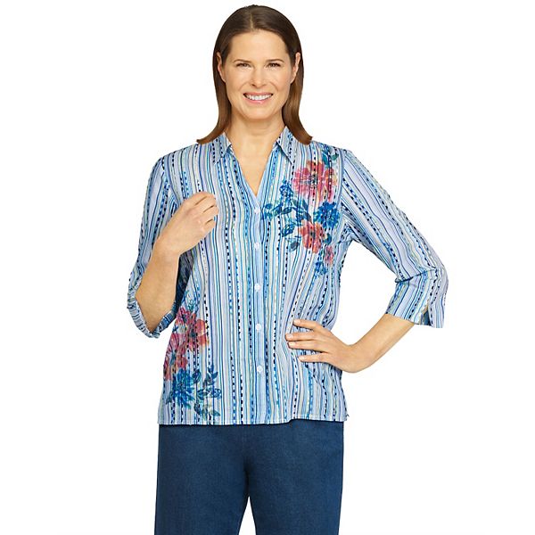 Petite Alfred Dunner Eyelash Stripe Asymmetrical-Hem Shirt