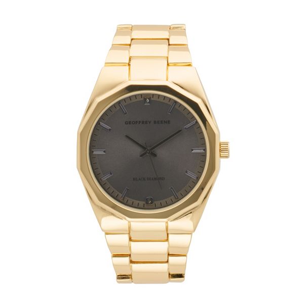 Geoffrey Beene Men's Gold Tone Octagonal Bezel Black Diamond Bracelet Watch