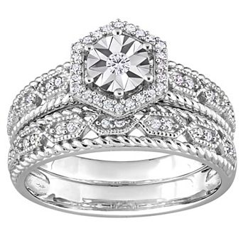 Stella Grace Sterling Silver 1/4 Carat T.W. Diamond Hexagon Halo Engagement Ring Set