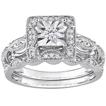 Stella Grace Sterling Silver 1/5 Carat T.W. Diamond Square Halo Engagement Ring Set
