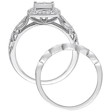 Stella Grace Sterling Silver 1/5 Carat T.W. Diamond Square Halo Engagement Ring Set