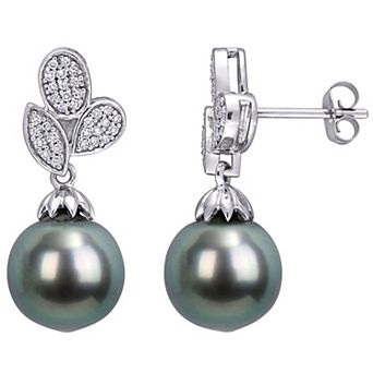 Stella Grace 10k White Gold Tahitian Cultured Pearl & 1/5 Carat T.W. Diamond Floral Drop Earrings