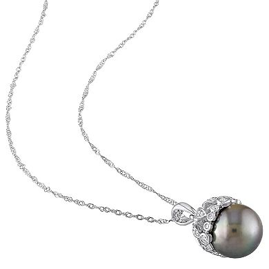 Stella Grace 14k White Gold Tahitian Cultured Pearl & 1/4 Carat T.W. Diamond Drop Pendant Necklace