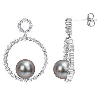 Stella Grace 10k White Gold Tahitian Cultured Pearl & White Sapphire Circle Earrings