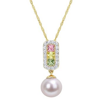 Stella Grace 14k Gold Freshwater Cultured Pearl & Multicolor Sapphire Halo Drop Necklace