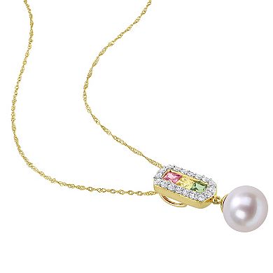 Stella Grace 14k Gold Freshwater Cultured Pearl & Multicolor Sapphire Halo Drop Necklace