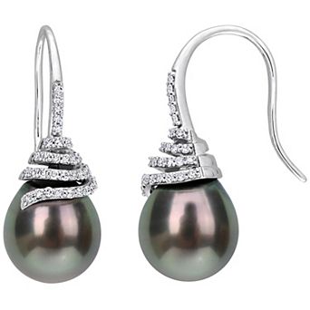 Stella Grace 14k White Gold Tahitian Cultured Pearl & 1/3 Carat T.W. Diamond Swirl Earrings