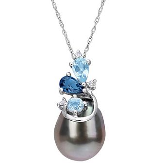 Stella Grace 14k White Gold Tahitian Cultured Pearl, Blue Topaz & Diamond Accent Drop Necklace