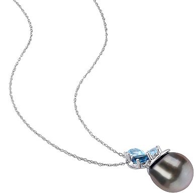 Stella Grace 14k White Gold Tahitian Cultured Pearl, Blue Topaz & Diamond Accent Drop Necklace