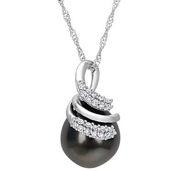 Stella Grace 14k White Gold Tahitian Cultured Pearl & 1/10 Carat T.W. Diamond Swirl Pendant Necklace
